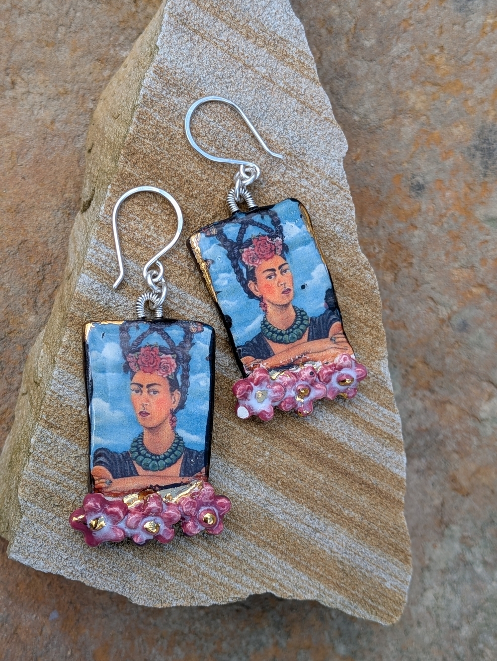 Rare Frida Khalo Earrings Artisan Ceramic Jewelry Sterling Silver - Picture 2 of 15